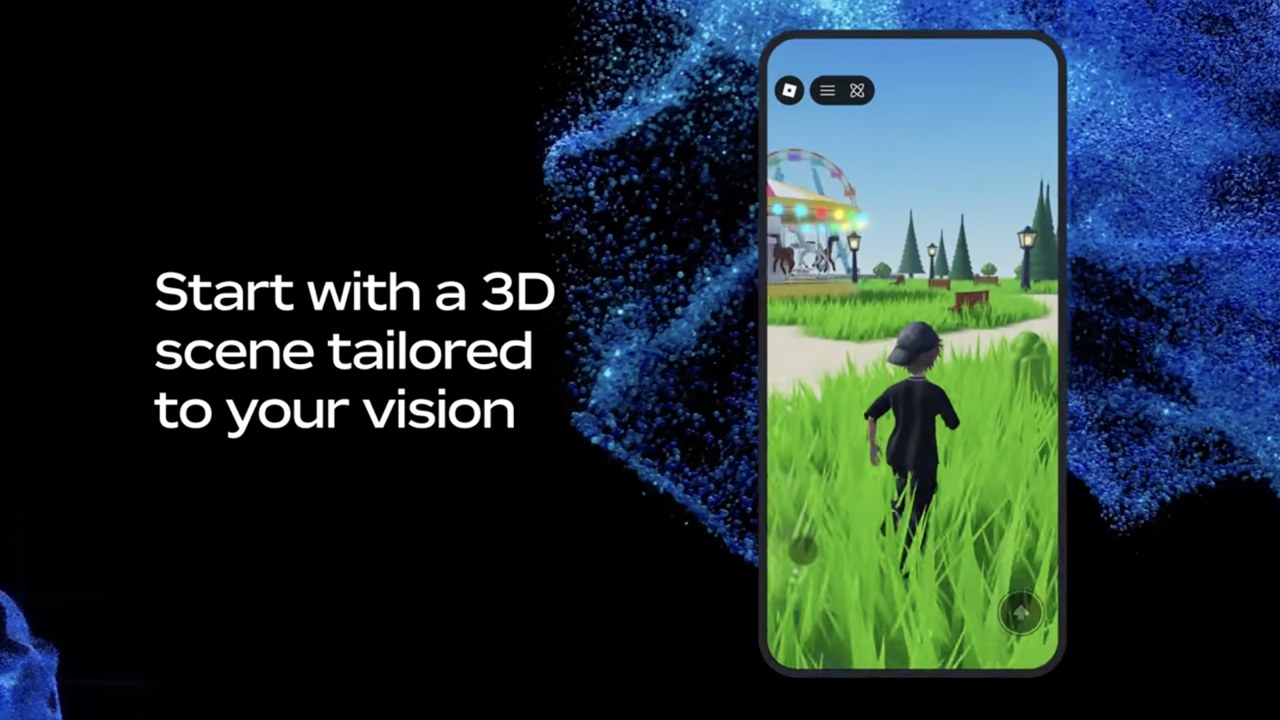 휴대폰 속 3D 공원 장면과 Start with a 3D scene tailored to your vision 문구가 담긴 Roblox 발표 이미지
