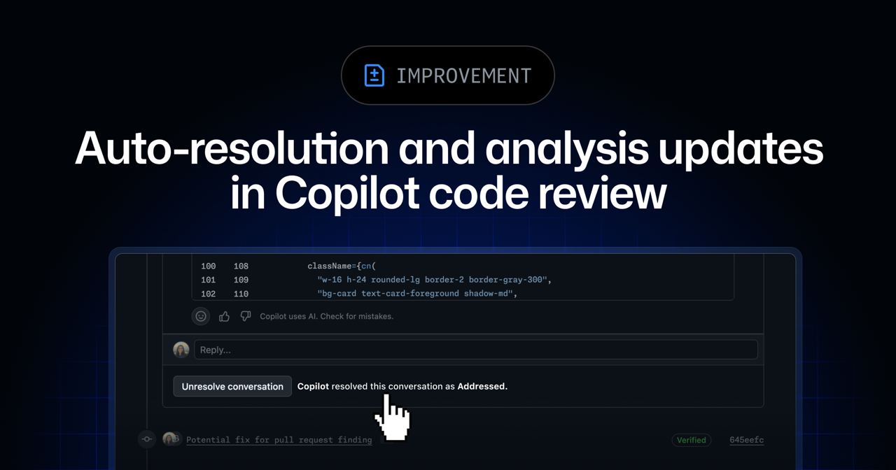 Copilot이 수정된 리뷰 댓글을 해결 처리한 GitHub 공식 안내 화면