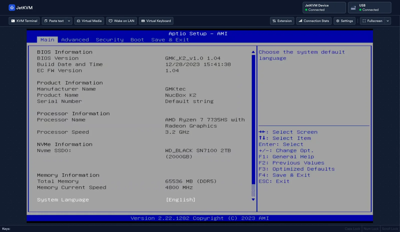 JetKVM 웹 인터페이스 안에 연결된 PC의 BIOS 설정 화면이 떠 있는 제조사 이미지