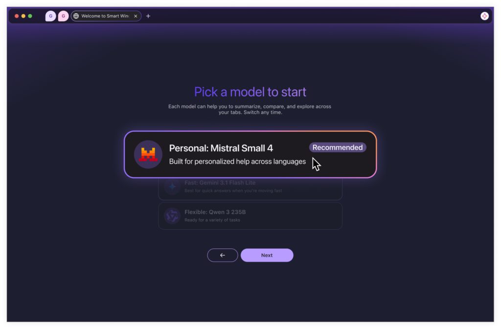 Firefox Smart Window의 모델 선택 화면에 Mistral Small 4가 추천 항목으로 표시된 모습