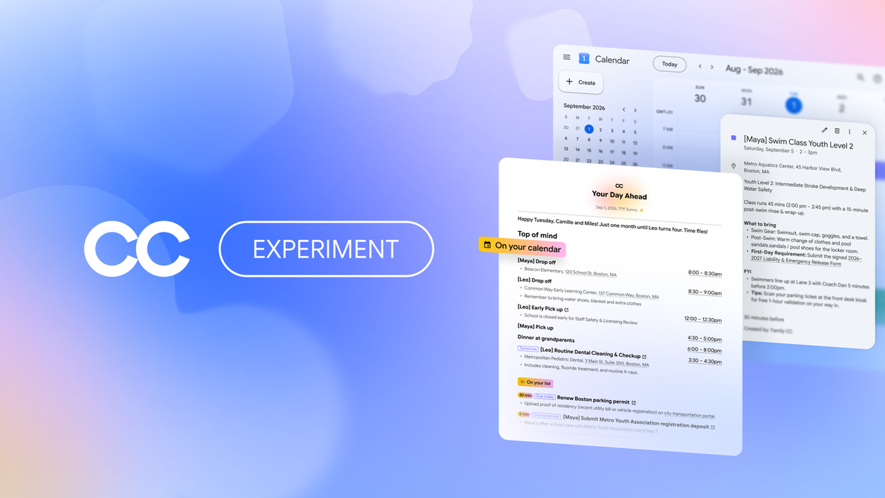 CC EXPERIMENT 로고 옆에 Your Day Ahead 아침 브리핑과 Google Calendar의 수영 수업 일정 카드가 겹쳐 놓인 소개 이미지